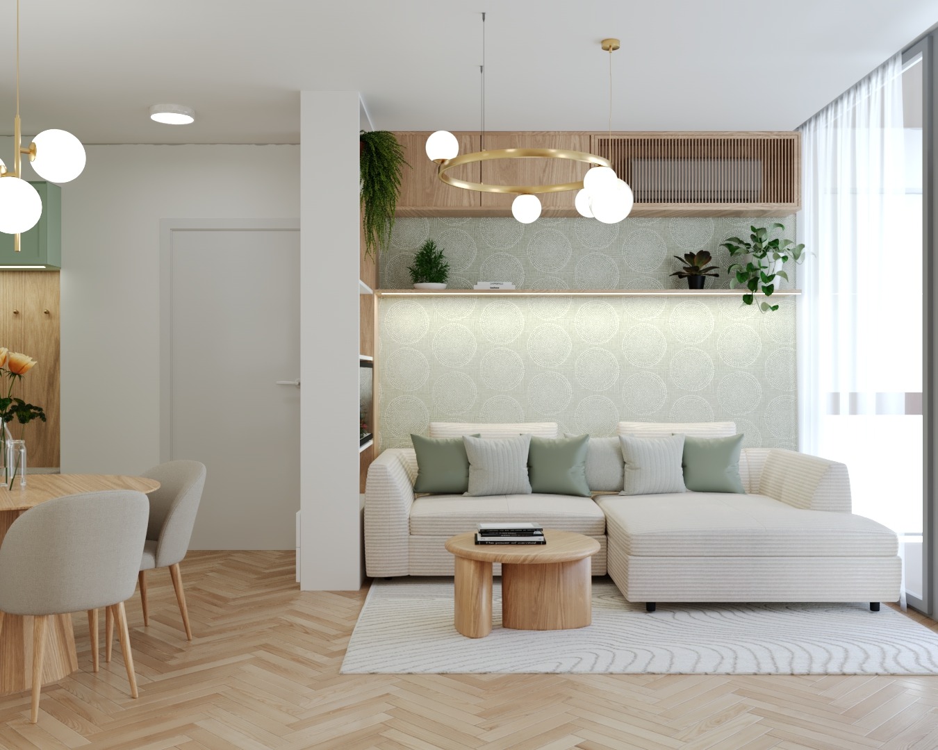 mentazöld, fehér nappali, tölgy beépített bútorral, fehér kanapéval